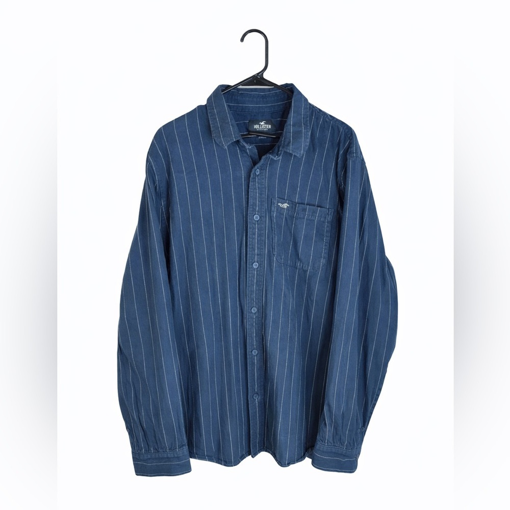 Hollister Men’s XL Blue Striped Button-Up Shirt Long Sleeve Collared Logo Casual